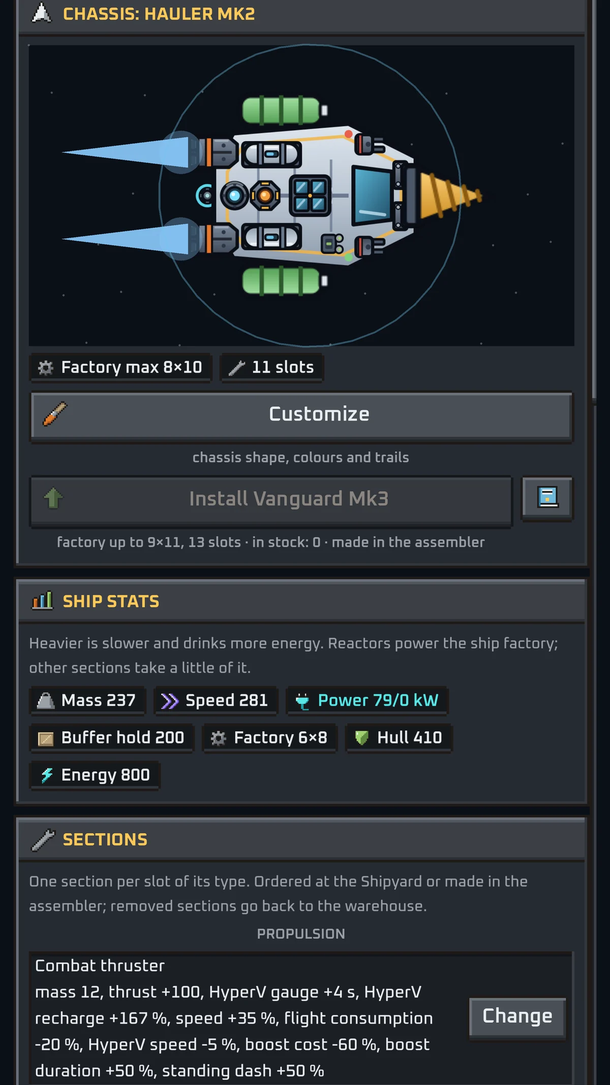 The Hangar: your ship, its stats and its sections