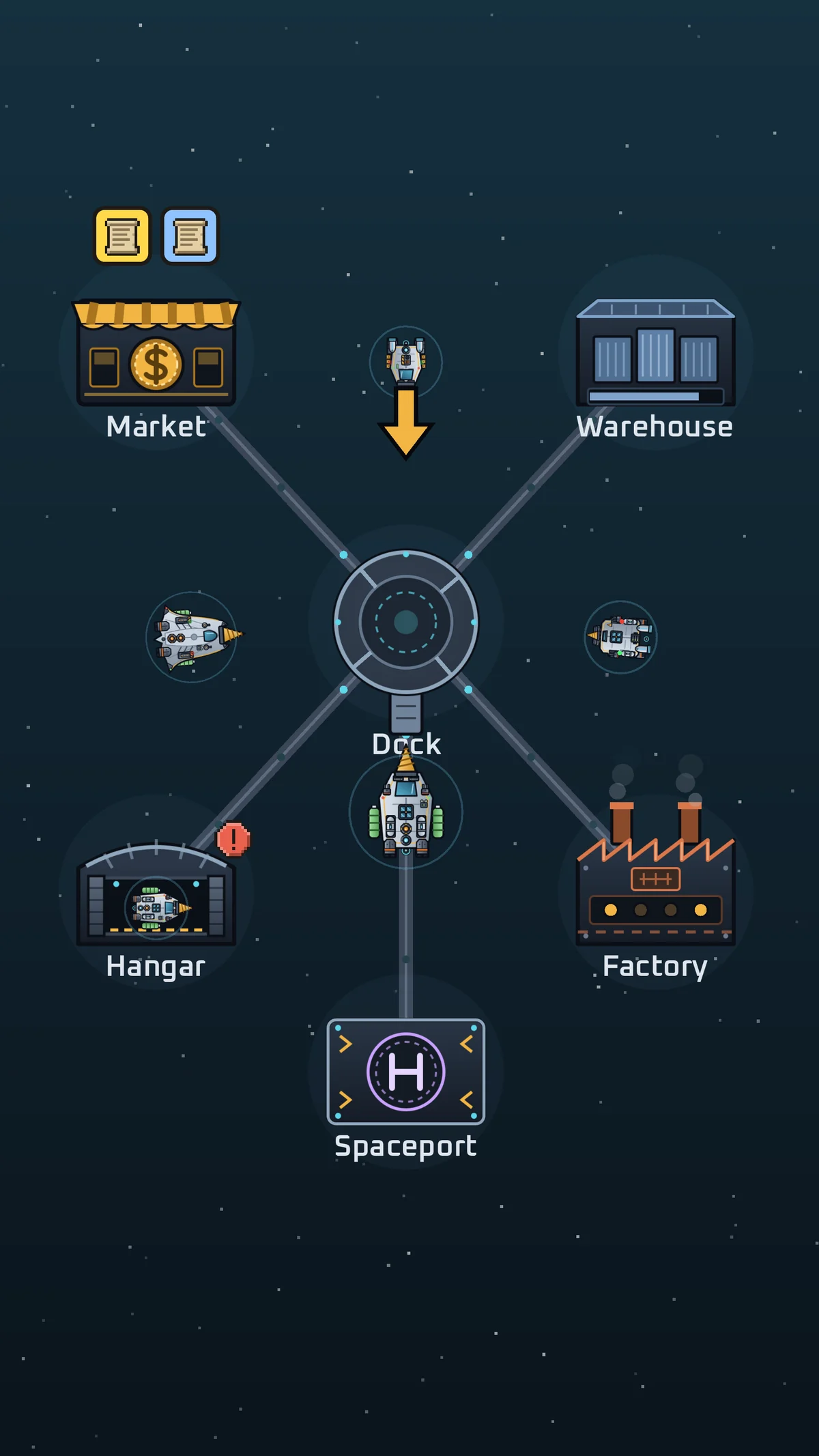 The station map with the Trading Post, Warehouse, Dock and Factory